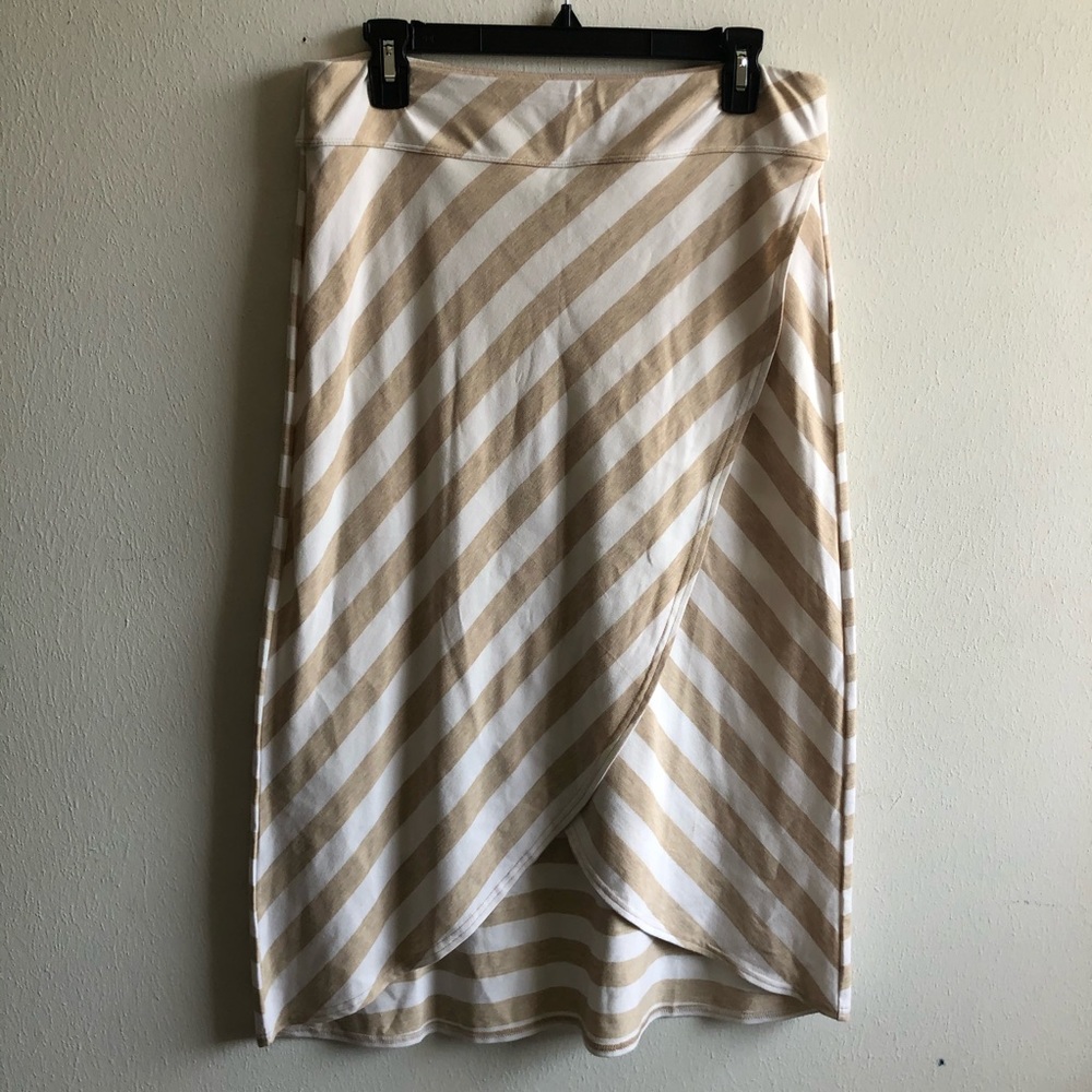 Athleta Skirt Ribbon Stripe Faux Wrap Midi Skirt Tan & Cream Sz M GUC - Picture 3 of 12